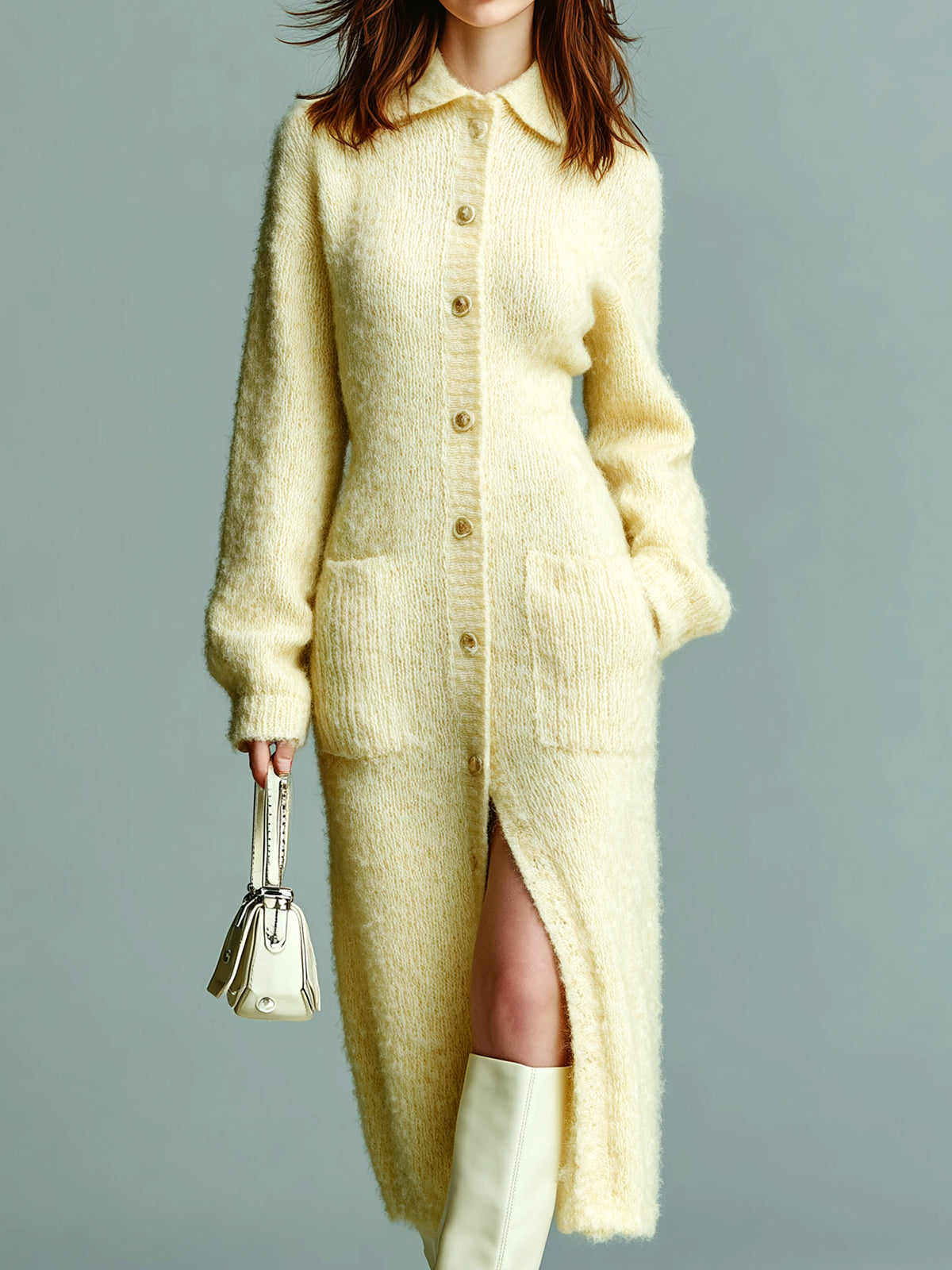 ElevenOra Chic Vintage Light Yellow Lapel Single-Breasted Patch Pocket Long Sleeve Slim-Fit Knit Midi Dress