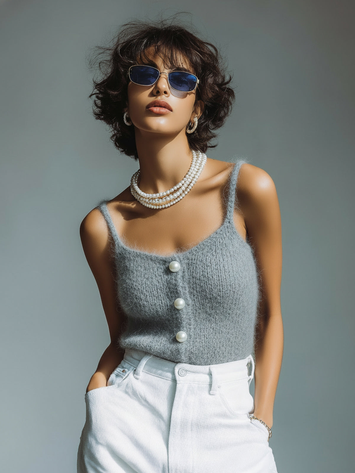 ElevenOra Chic Vintage Square Neck Pearl Button-Front Thin Strap Slim-Fit Knit Camisole