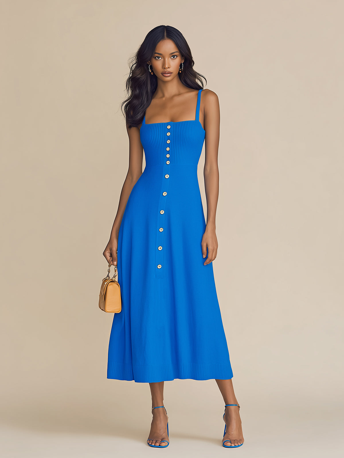 ElevenOra Chic Elegant Royal Blue Thin Straps Sleeveless Button-Front Slim-Fit Ribbed Knit A-Line Midi Dress