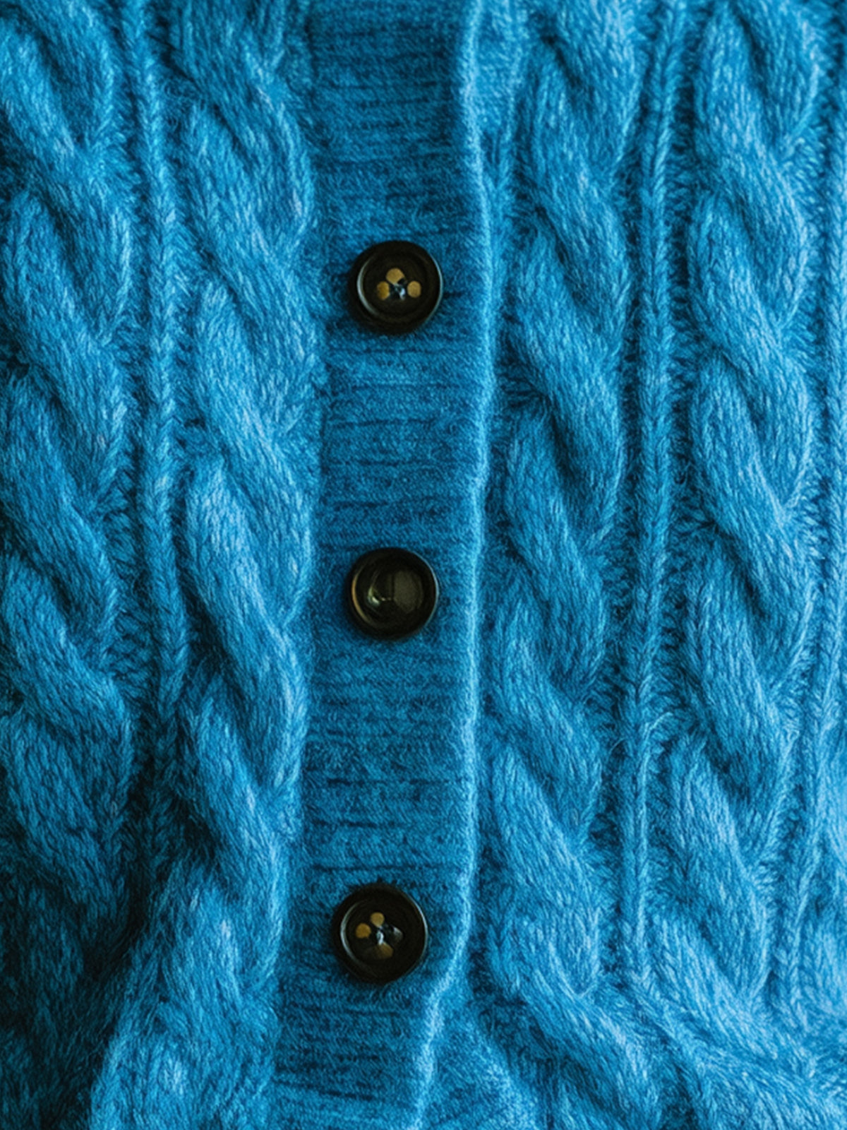 ElevenOra Chic Casual Lake Blue Cable Knit Crew Neck Black Button Cropped Knit Cardigan