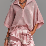 ElevenOra Fashion Casual Pink Lapel Collar Zipper-Front Short-Sleeve Loose-Fit Knit Sweater