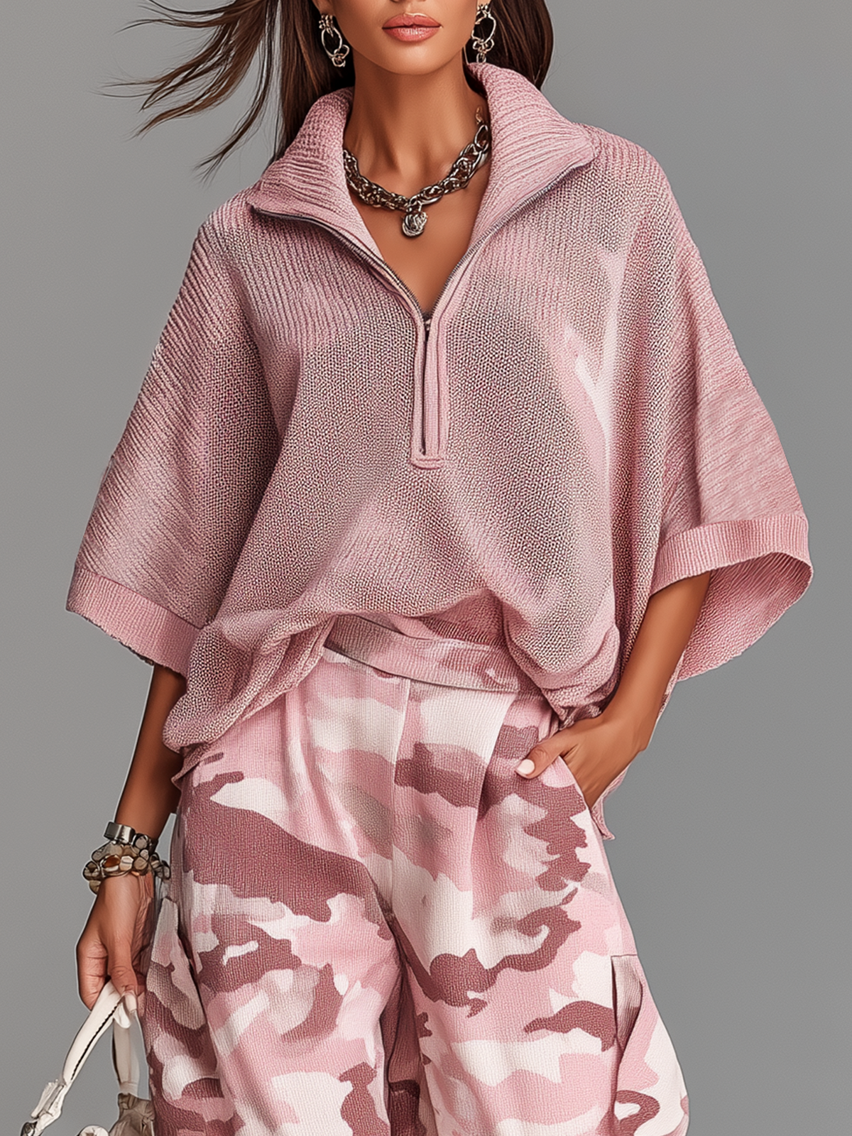 ElevenOra Fashion Casual Pink Lapel Collar Zipper-Front Short-Sleeve Loose-Fit Knit Sweater