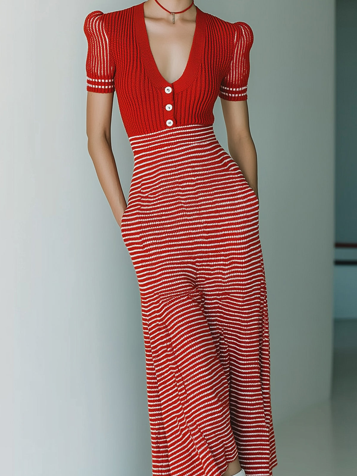 ElevenOra Chic Elegant Red Stripes Patchwork V-Neck Short-Sleeve Lace Detail Tailored Waist A-Line Hem Knit Maxi Dress