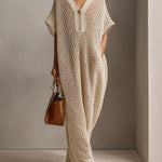 ElevenOra Chic Elegant Beige Zipper-Up Ribbed V-Neck Short-Sleeve Oversize Hollow Out Knit Maxi Dress