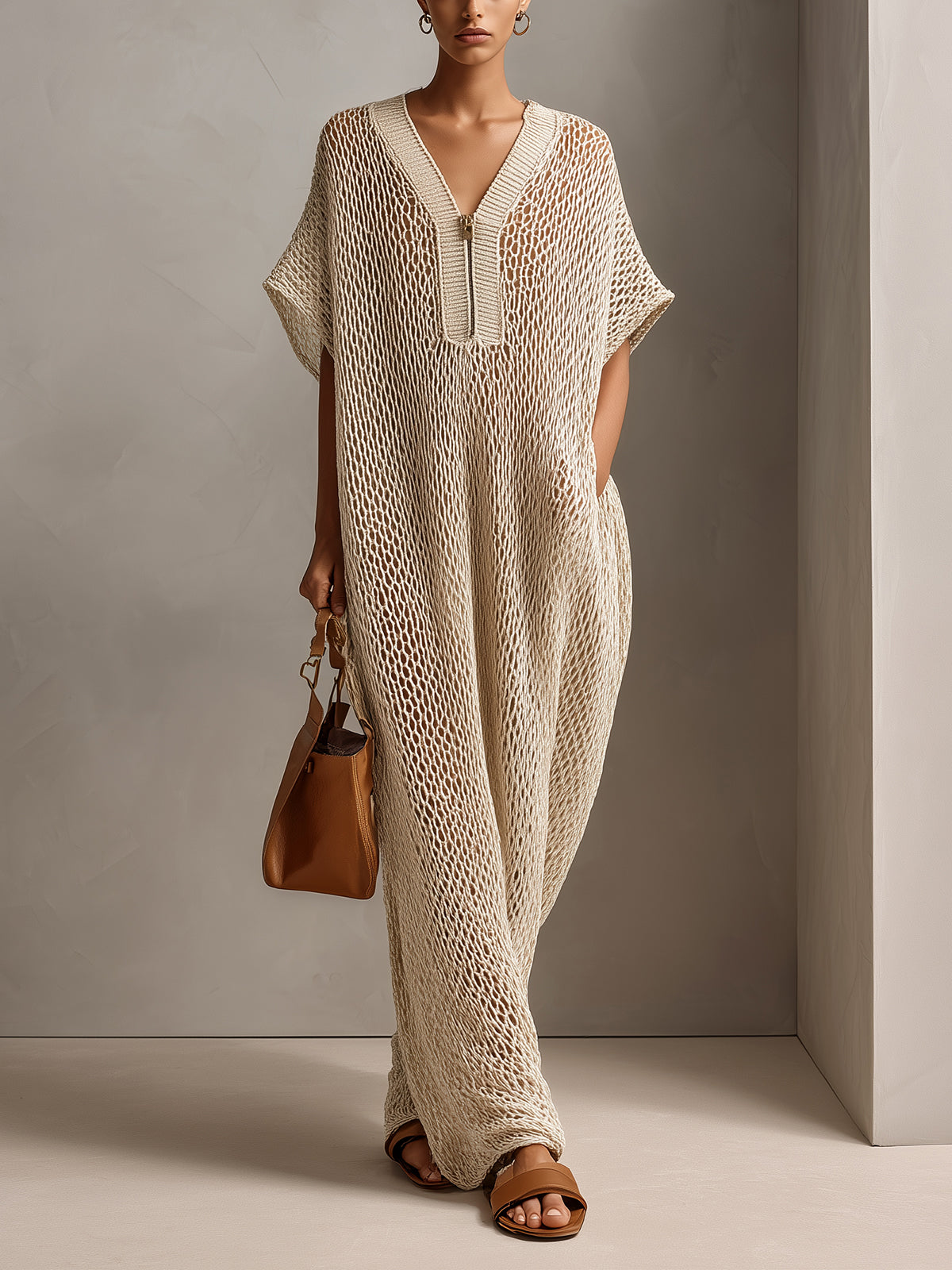 ElevenOra Chic Elegant Beige Zipper-Up Ribbed V-Neck Short-Sleeve Oversize Hollow Out Knit Maxi Dress