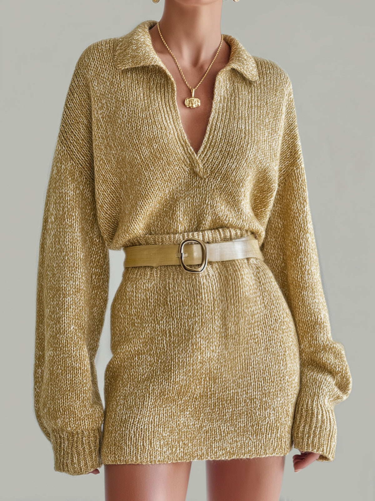 ElevenOra Casual Polo Collar Deep V-Neck Long Sleeve Slim Fit Knit Sweater With Mini Belted Skirt Two-Piece Set