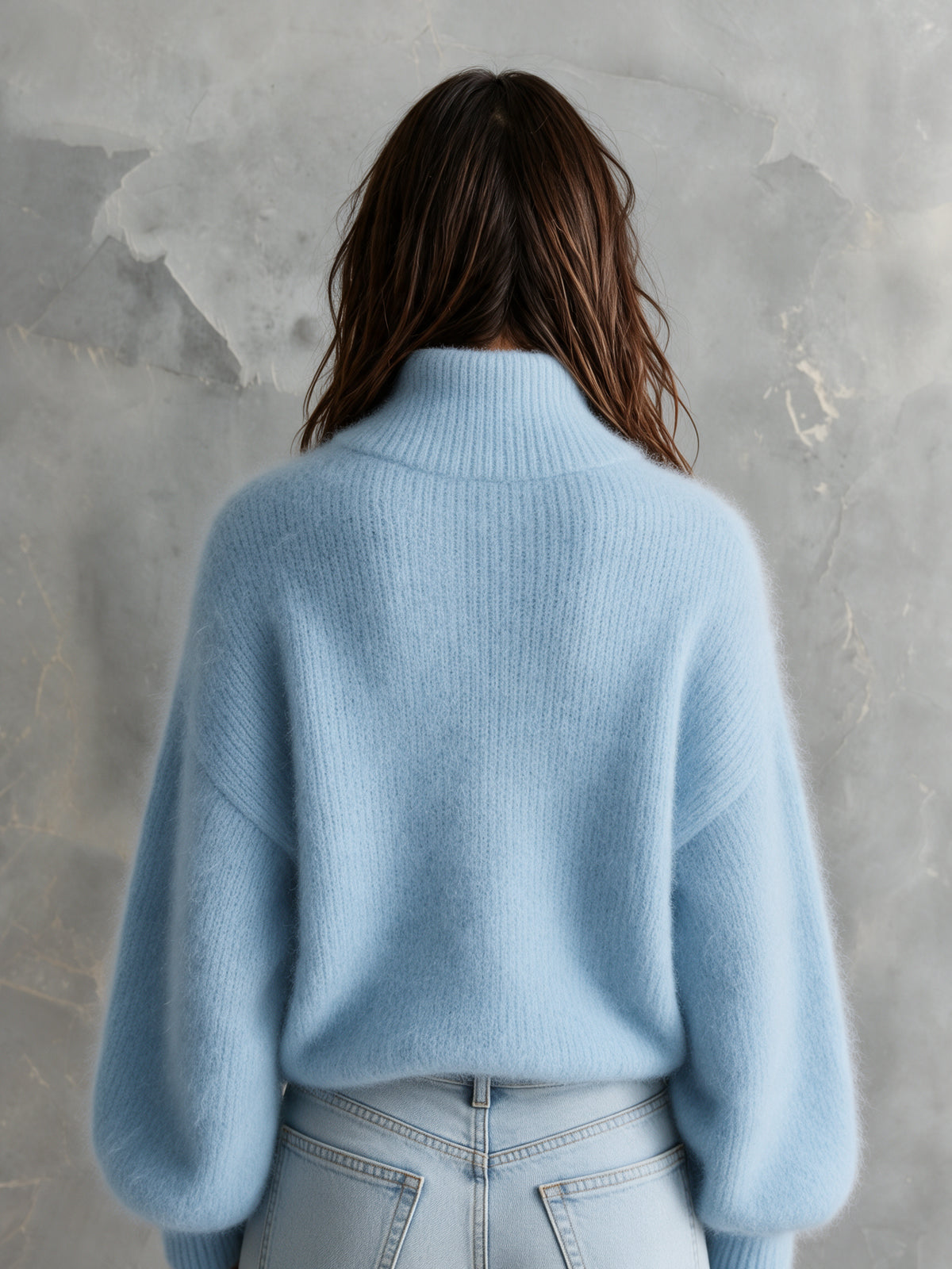 ElevenOra Chic Elegant Blue Zipper-Up Turtleneck Dropped-Shoulder Long-Lantern-Sleeve Loose-Fit Mohair Blend Knit Sweater