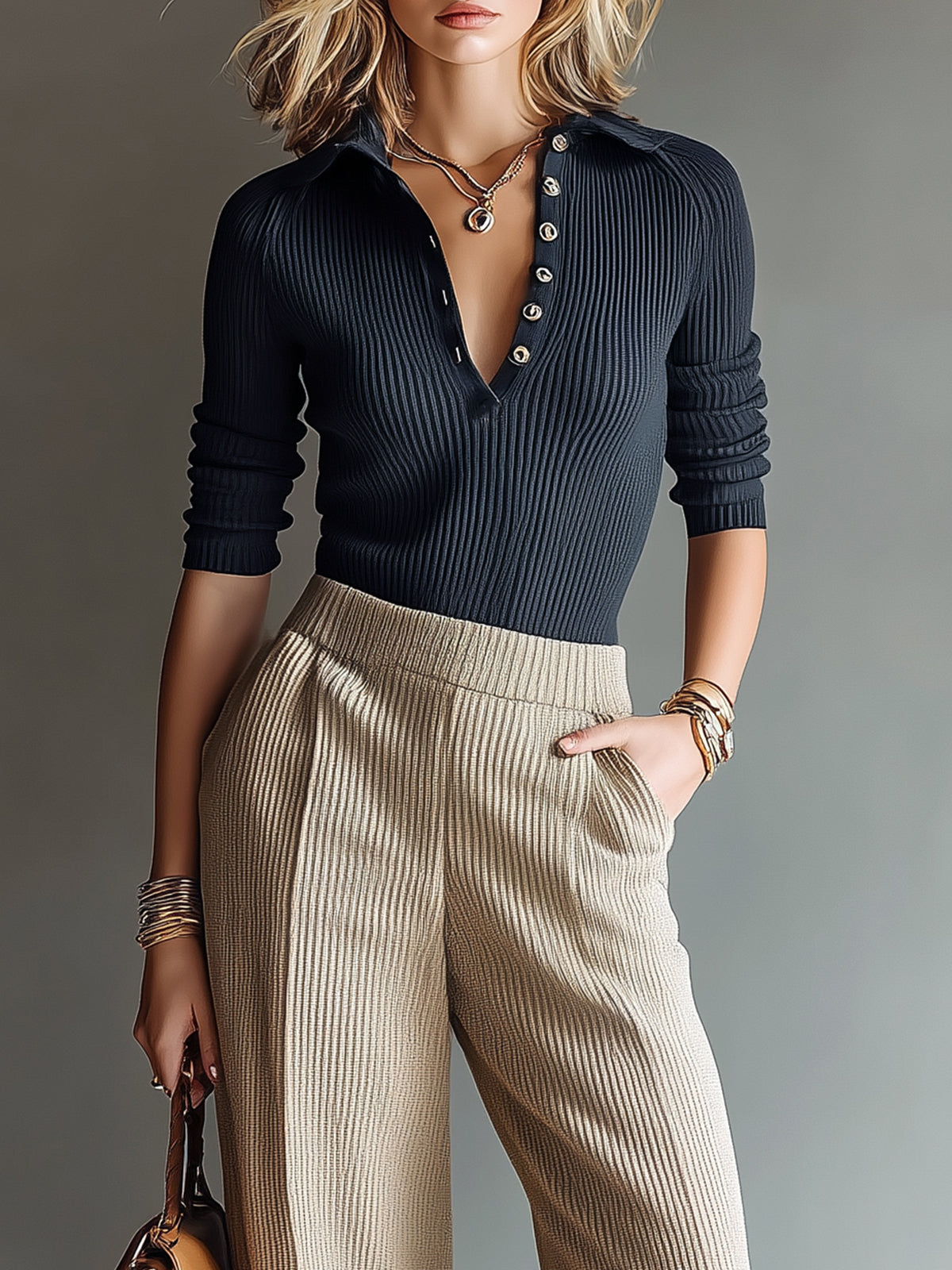 ElevenOra Casual Elegant Polo Neck Long Sleeve Slim Fit Sweater Elastic Waist Wide Leg Pants Ribbed Knit Two-Piece Set