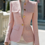 ElevenOra Chic Elegant Pink Tweed Stand-up Collar Single-breasted Tailored Waist Blazer