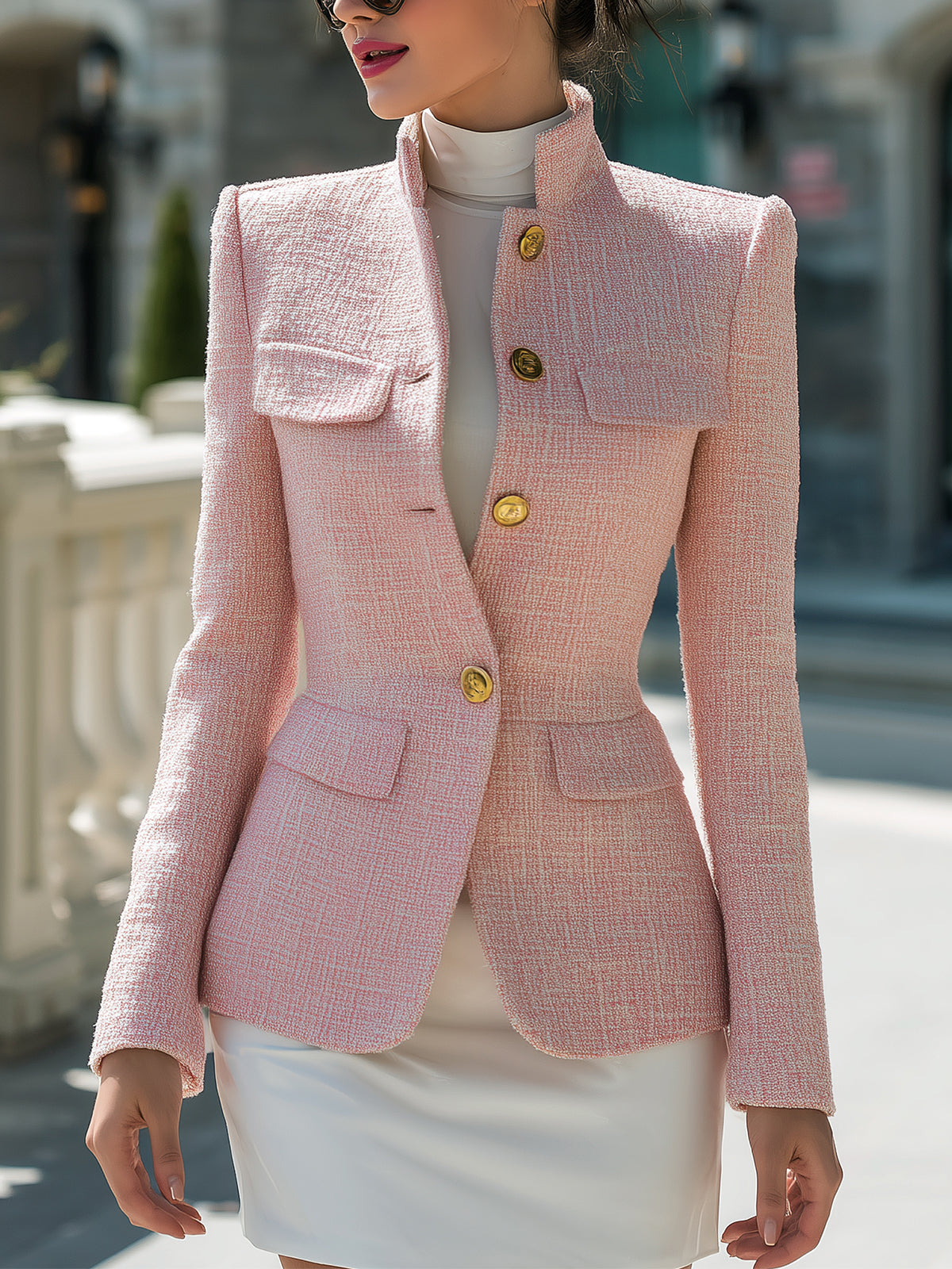 ElevenOra Chic Elegant Pink Tweed Stand-up Collar Single-breasted Tailored Waist Blazer