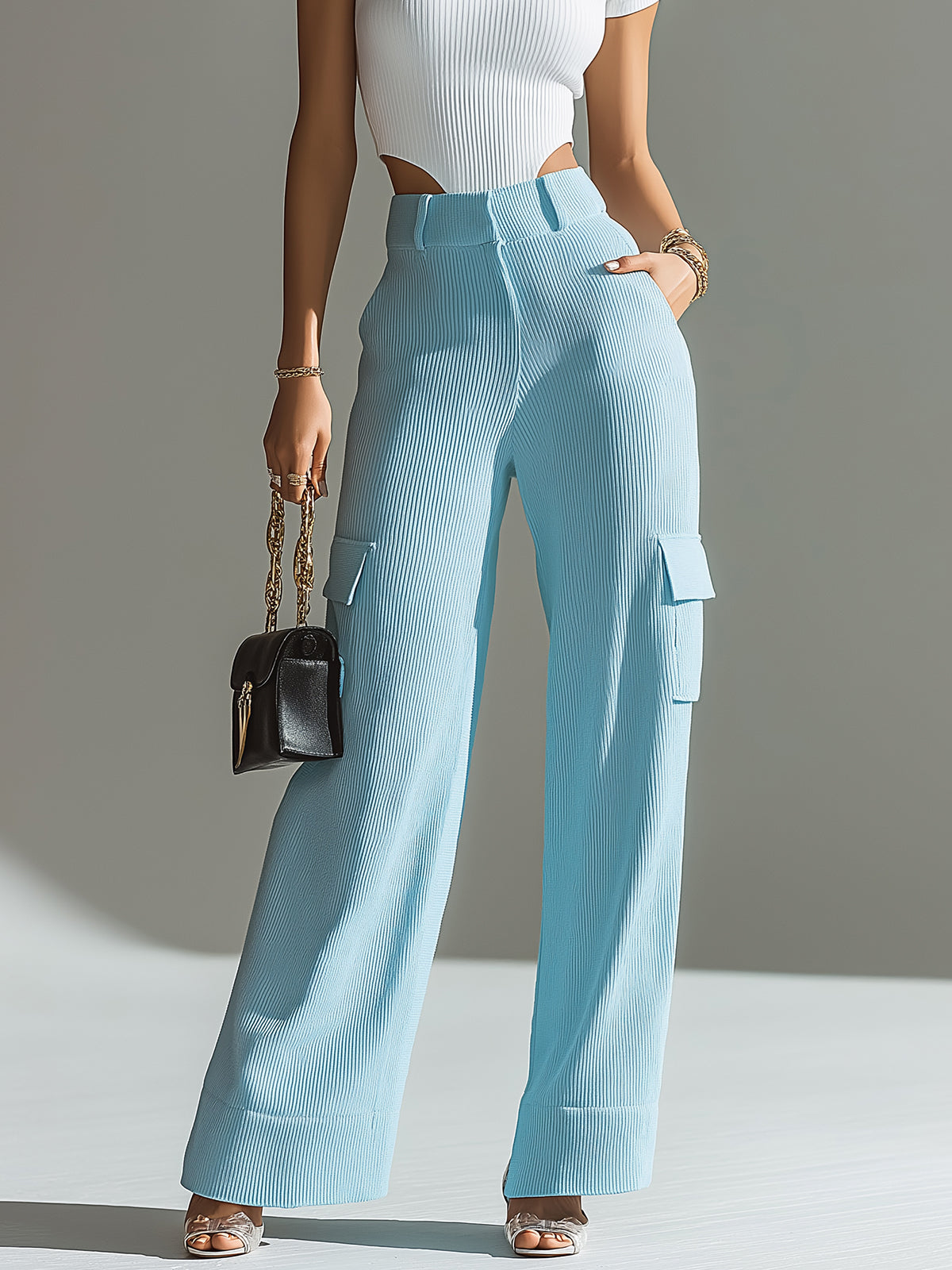 ElevenOra Chic Casual Light Blue High Waist Multi-Pocket Ribbed Knit Wide-Leg Pants
