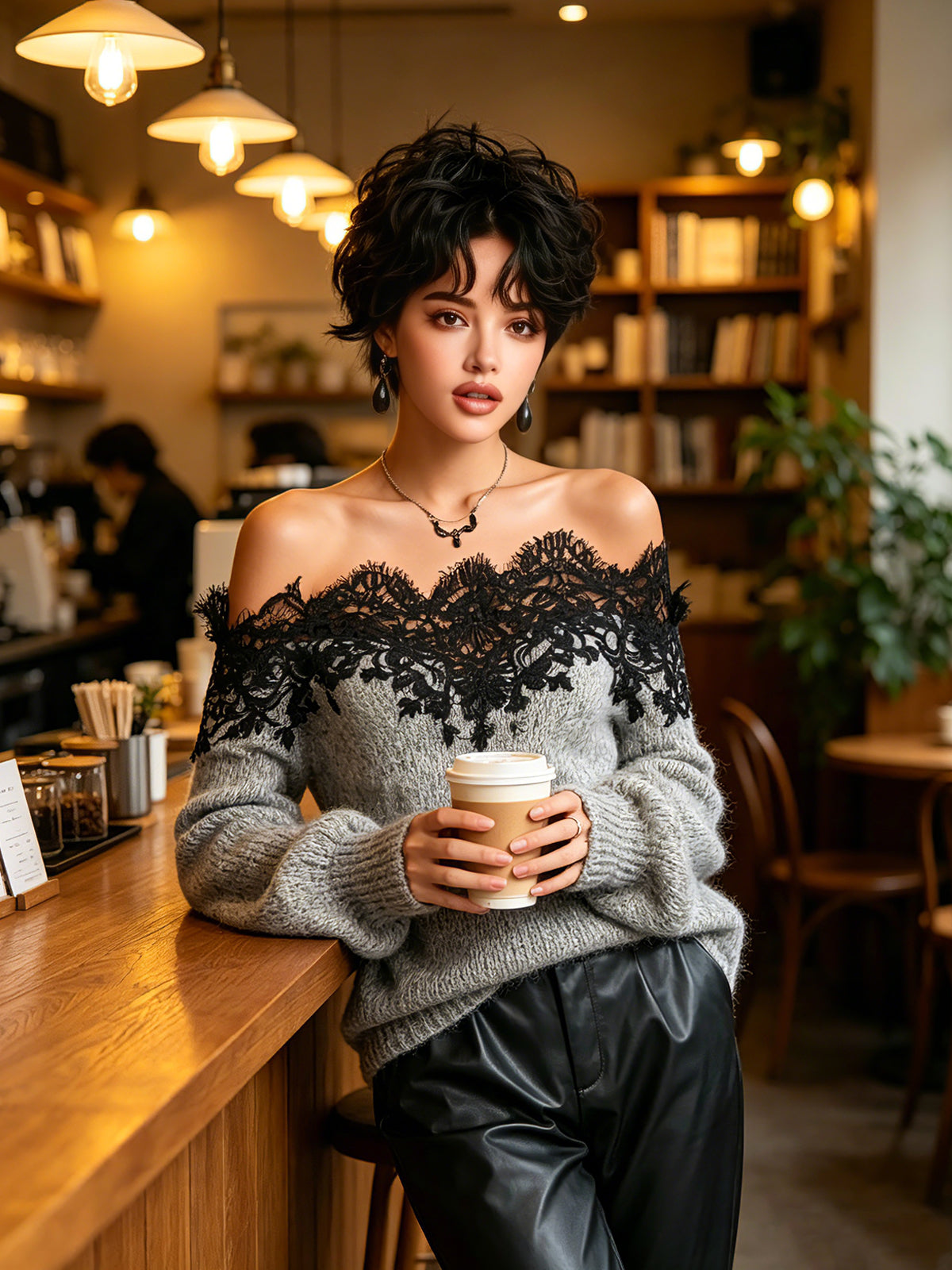 ElevenOra Chic Casual Gray Off-The-Shoulder Lace Trim Detail Long Sleeve Oversized Knit Sweater Top