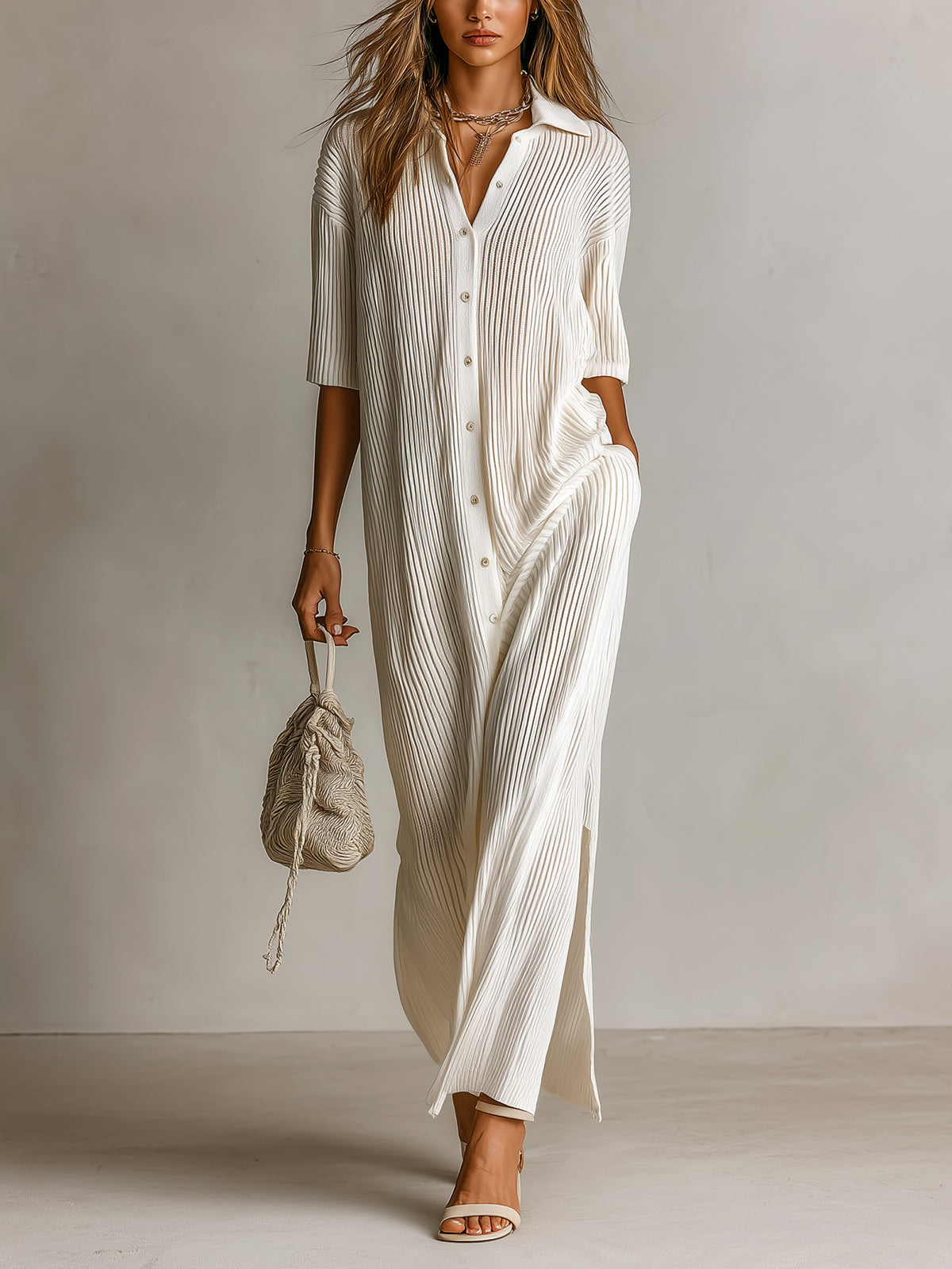ElevenOra Chic Elegant Cream White Lapel Collar Single-Breasted Short-Sleeve Loose-Fit Side-Slit Ribbed Knit Maxi Dress