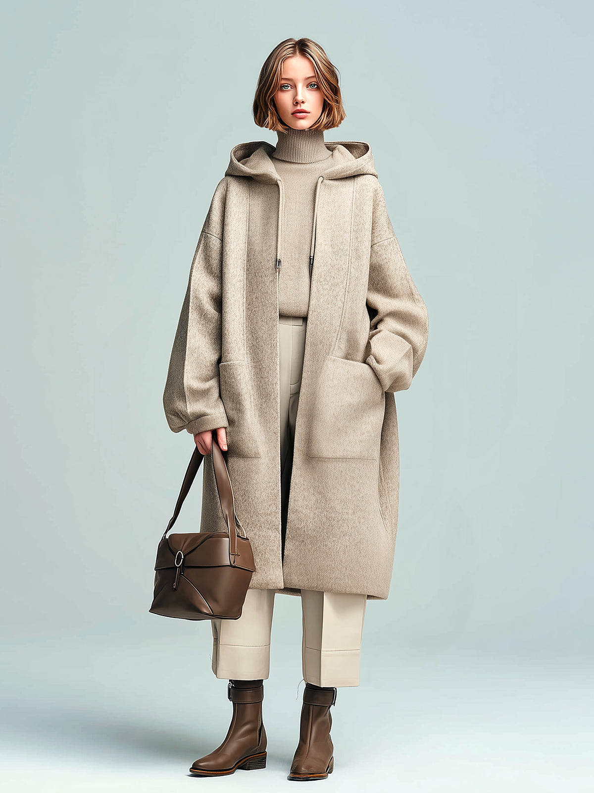 ElevenOra Chic Vintage Khaki Wool Blend Hooded Patch Pocket Slouchy Mid-Length Coat