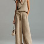 ElevenOra Chic Elegant Camel Stand Collar V-Neck Sleeveless Sweater  Wide-Leg Pants Ribbed Knit Two-Piece Set