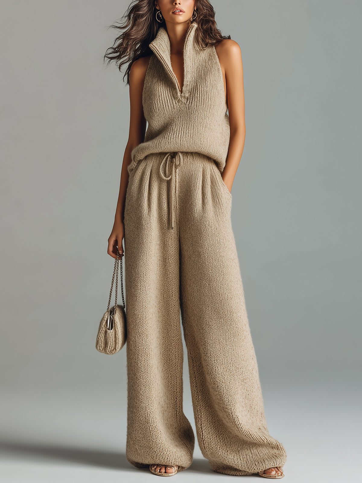 ElevenOra Chic Elegant Camel Stand Collar V-Neck Sleeveless Sweater  Wide-Leg Pants Ribbed Knit Two-Piece Set
