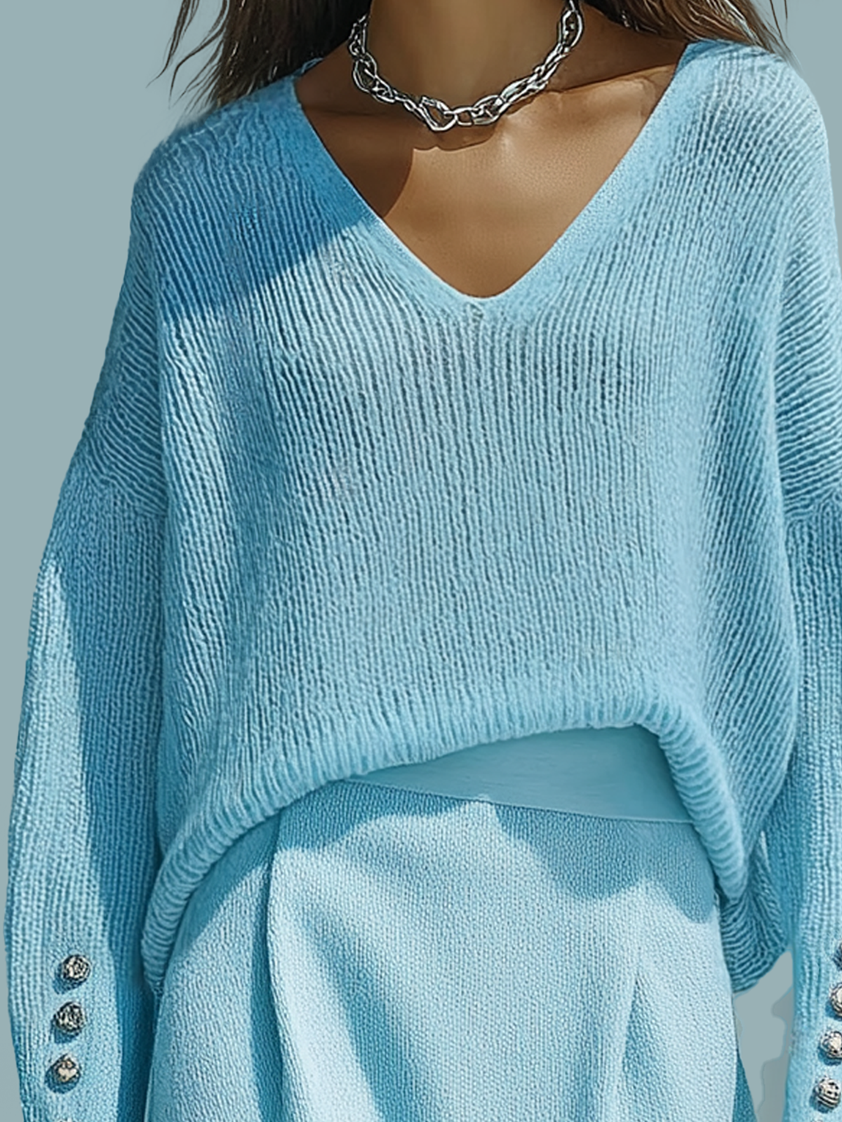 ElevenOra Chic Casual Blue V-Neck Long Sleeve Button Oversized Ribbed Knit Sweater