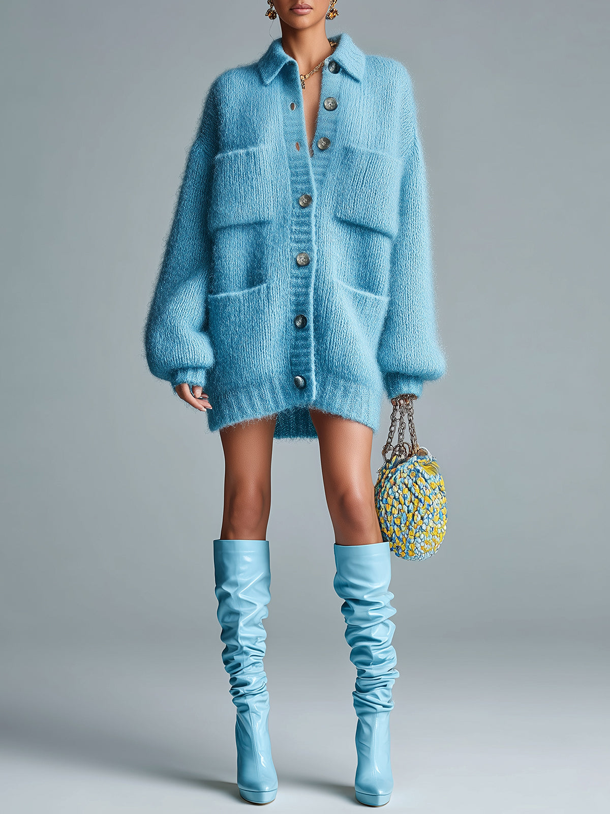 ElevenOra Chic Casual Blue Lapel Single-Breasted Multi-Pocket Fuzzy Slouchy Knit Cardigan