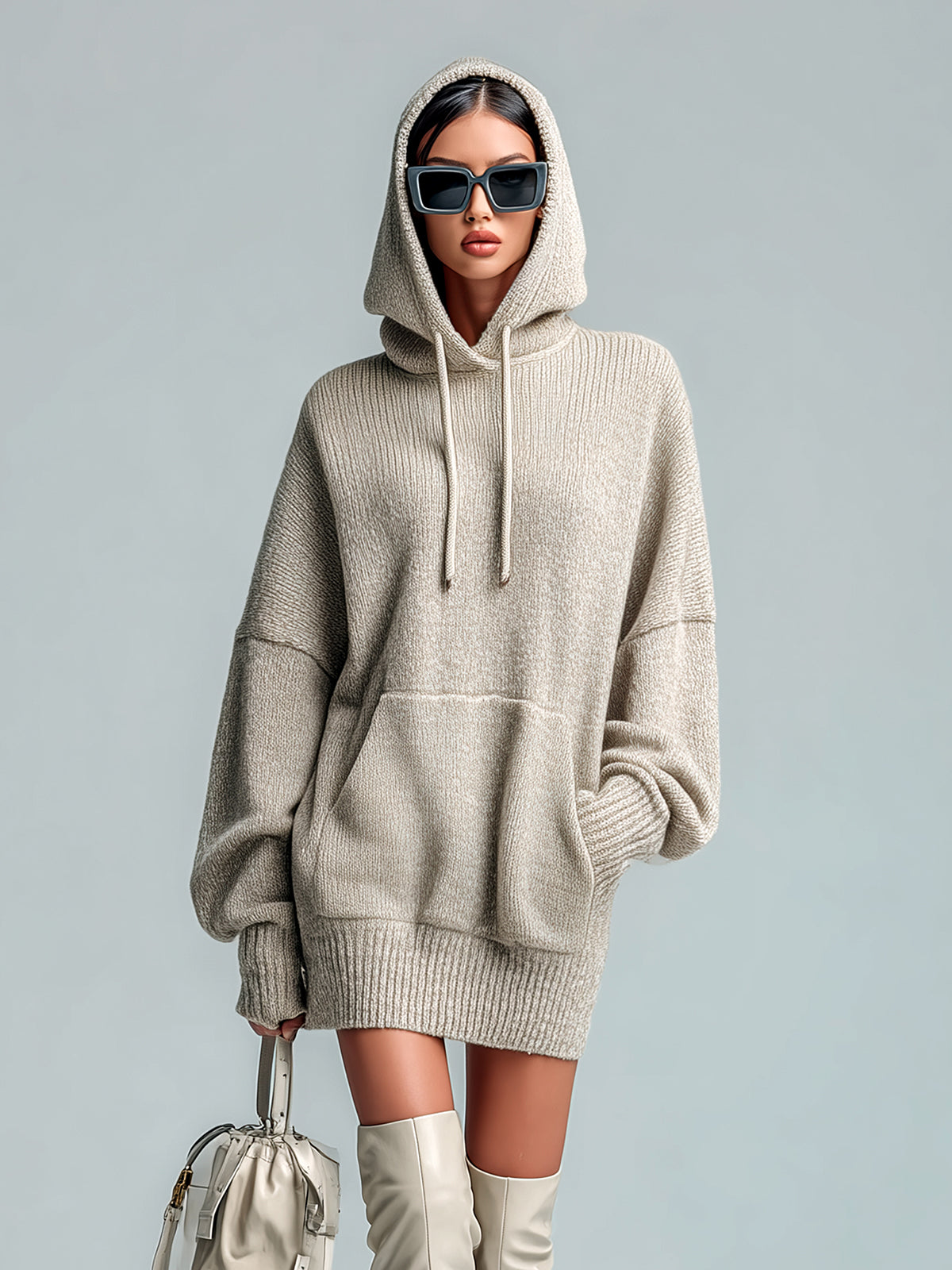 ElevenOra Chic Casual Beige Hooded Drawstring Oversized Long-Sleeve Knit Mini Dress