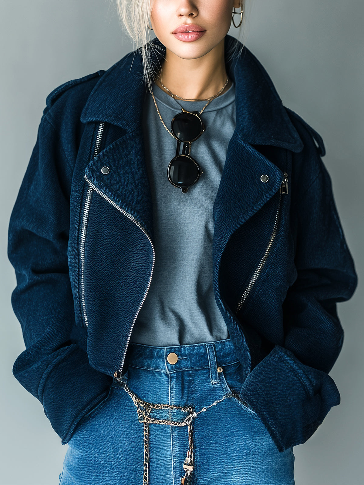 ElevenOra Casual Cool Navy Blue Washed Twill Cotton Blend Lapel Zip-Front Cropped Biker Jacket