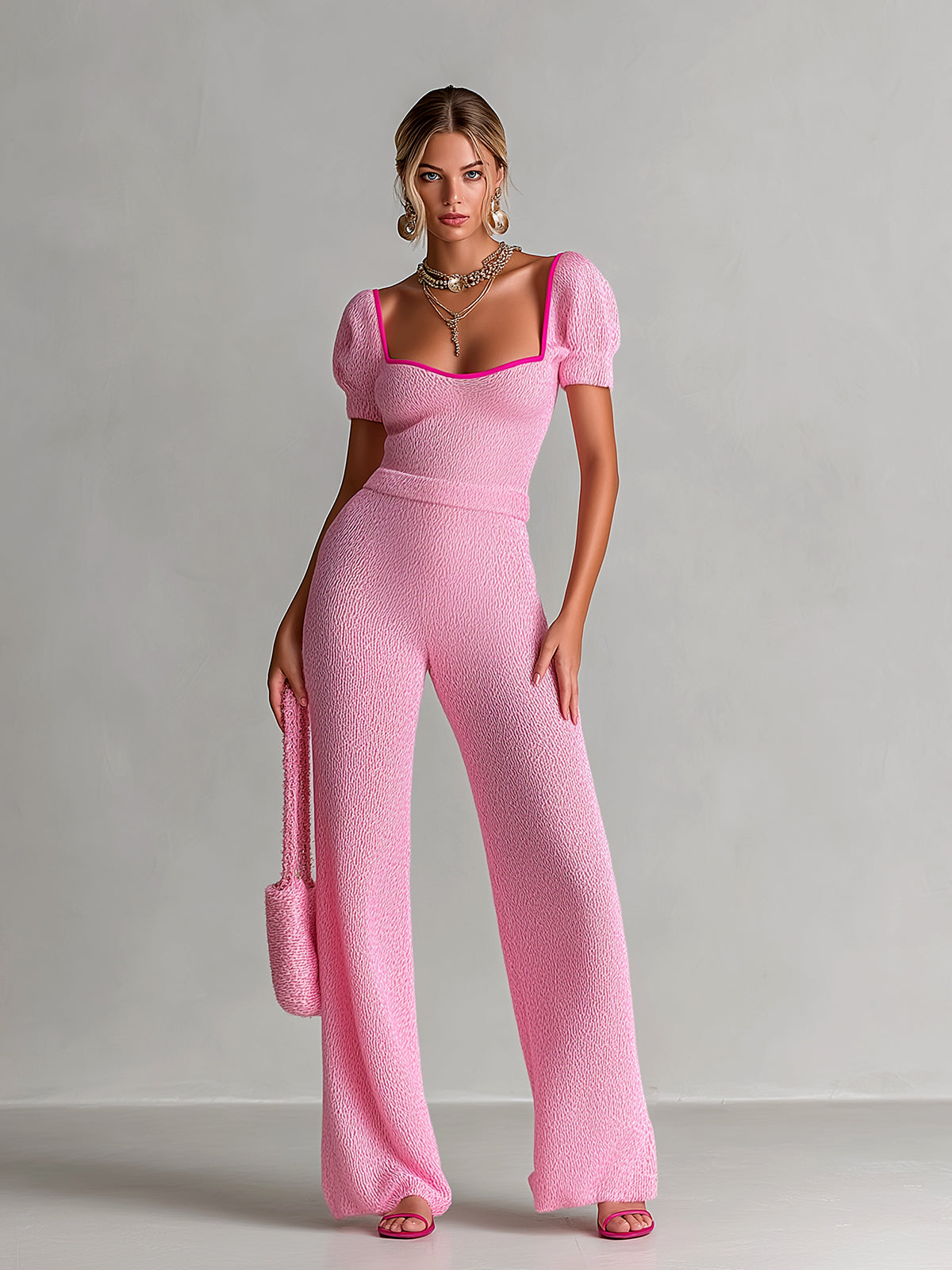 ElevenOra Chic Elegant Pink Contrast Trim Square Neck Short Puff Sleeve Tailored Waist Wide-Leg Knit Jumpsuit