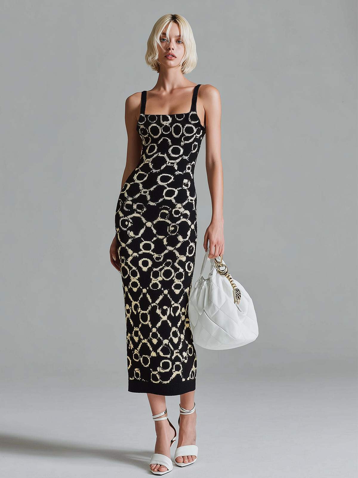 ElevenOra Fashion Retro Black And White Geometric Pattern Jacquard Sleeveless Slim-fit Bodycon Ribbed Knit Midi Dress