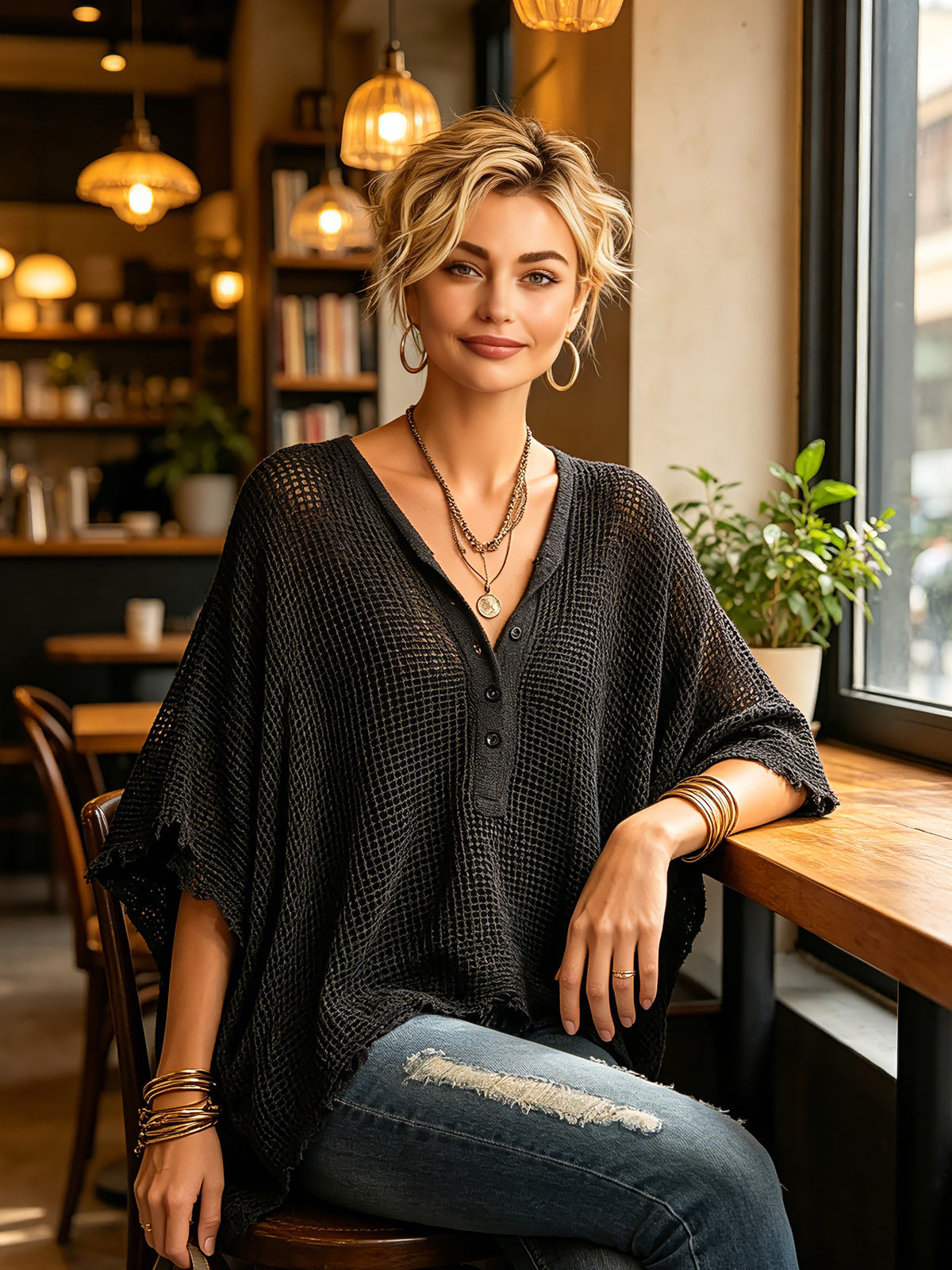 ElevenOra Chic Casual Black Henley Collar Dropped Shoulder Batwing-Sleeve Raw Edge Detail Loose-Fit Sweater