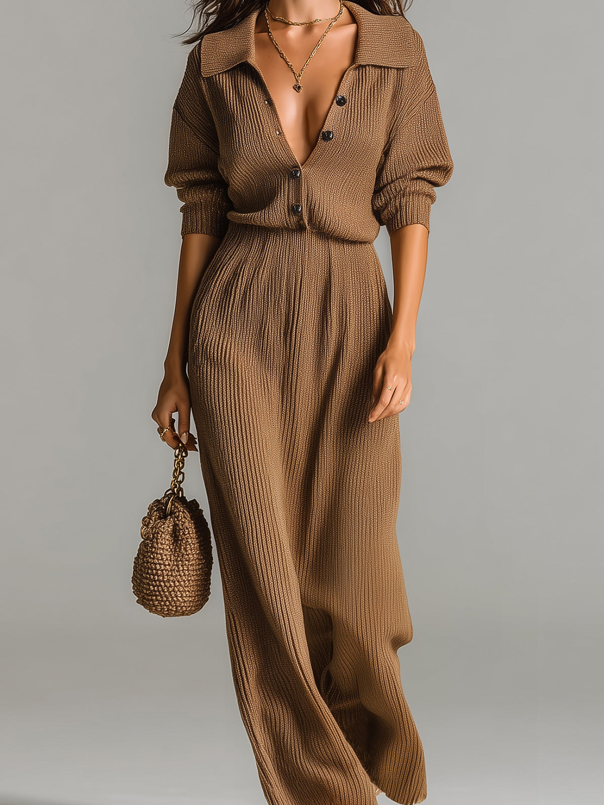 ElevenOra Chic Elegant Brown Button-Up Lapel Collar Half-Sleeve Elastic Waist Loose Fit Ribbed Knit Maxi Dress