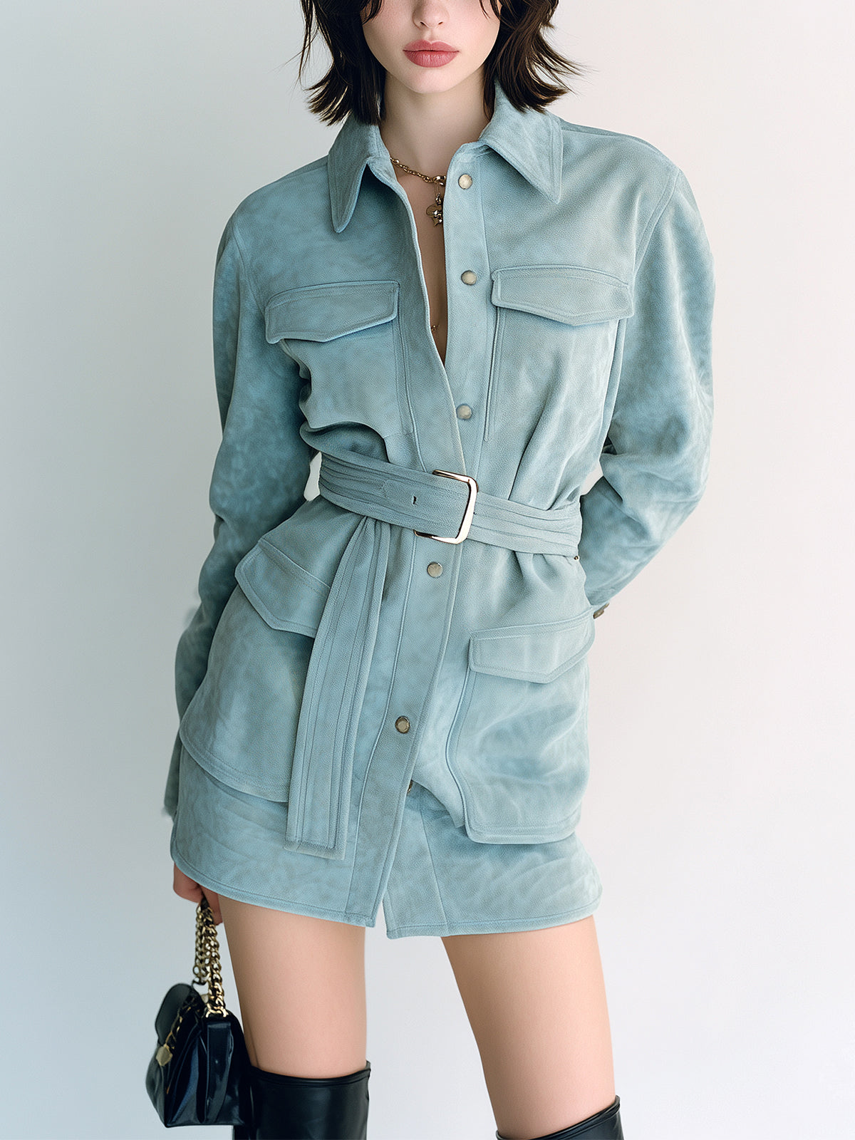 ElevenOra Chic Vintage Light Blue Faux Suede Lapel Single Breasted Patch Pockets Utility Belted Shirt Mini Dress