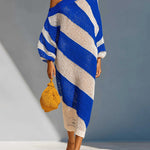 ElevenOra Chic Elegant Royal Blue-White Stripes One-Shoulder Long Lantern Sleeve Loose-Fit Knit Maxi Dress