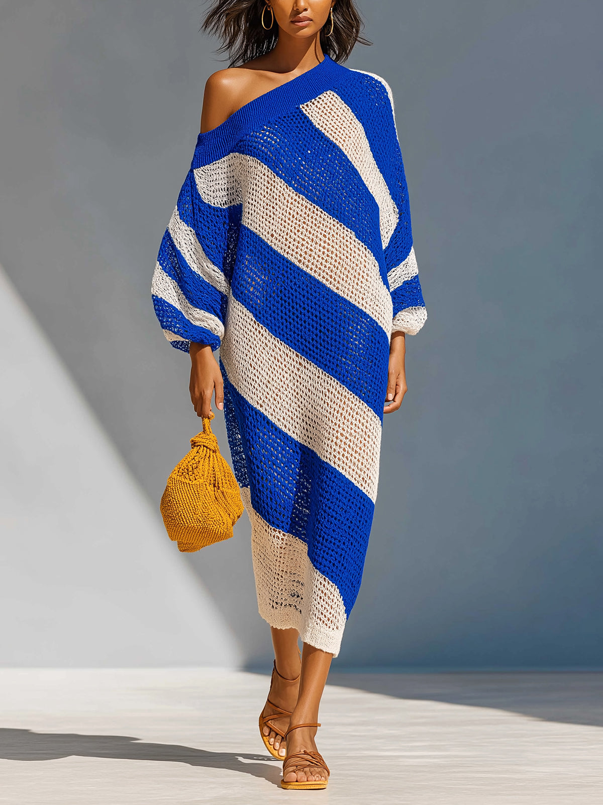 ElevenOra Chic Elegant Royal Blue-White Stripes One-Shoulder Long Lantern Sleeve Loose-Fit Knit Maxi Dress