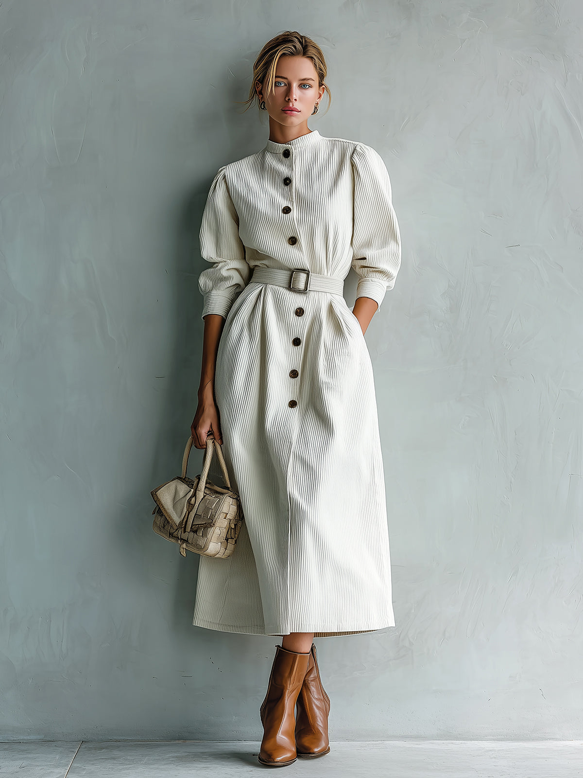 ElevenOra Casual Office White Corduroy Round Neck Single-Breasted Belted Long Sleeve Midi Dress