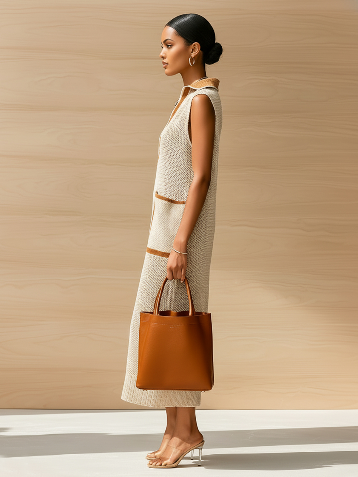 ElevenOraChic Elegant Beige Colorblock Lapel Collar V-Neck Patch Pocket Sleeveless Loose-Fit Ribbed Knit Maxi Dress