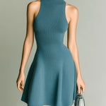 ElevenOra Chic Elegant Dark Blue Mock Neck Sleeveless Tailored Waist A-Line Ribbed Knit Mini Dress