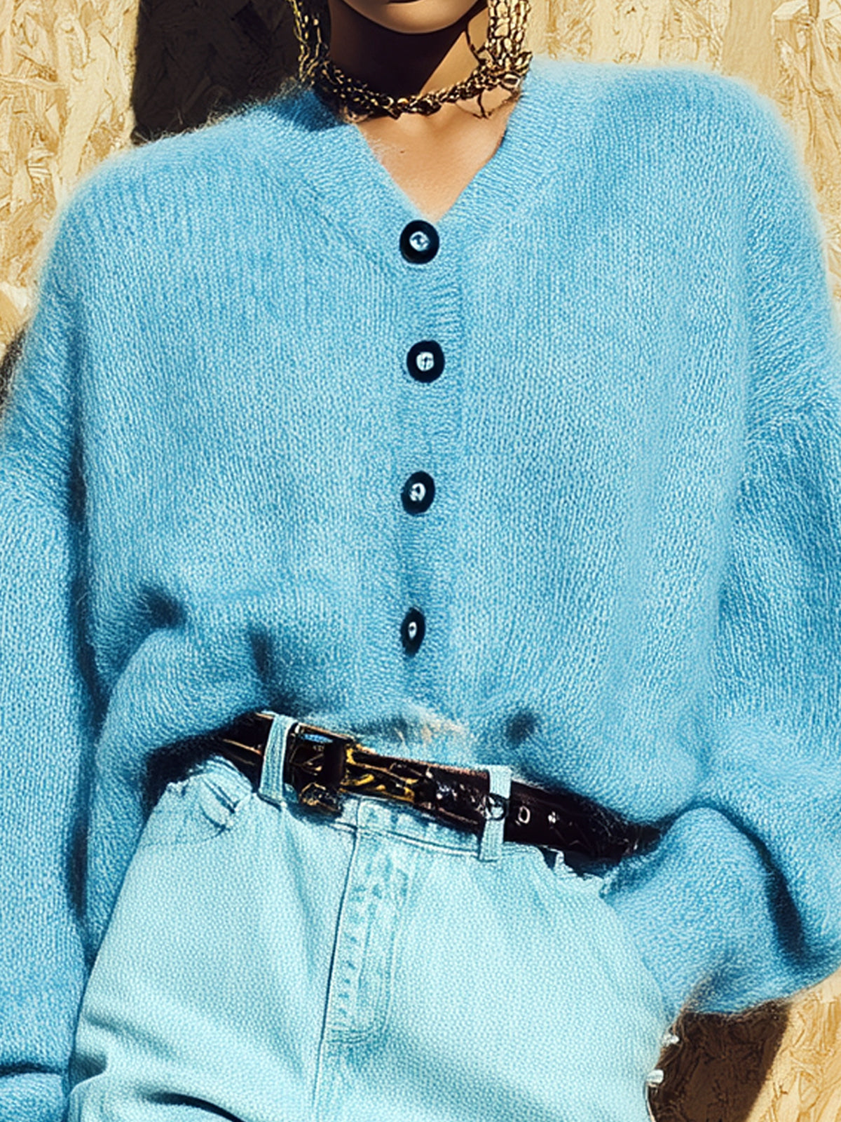 ElevenOra Casual Chic V-neck Single-breasted Oversized Long-sleeved Mohair Knit Cardigan