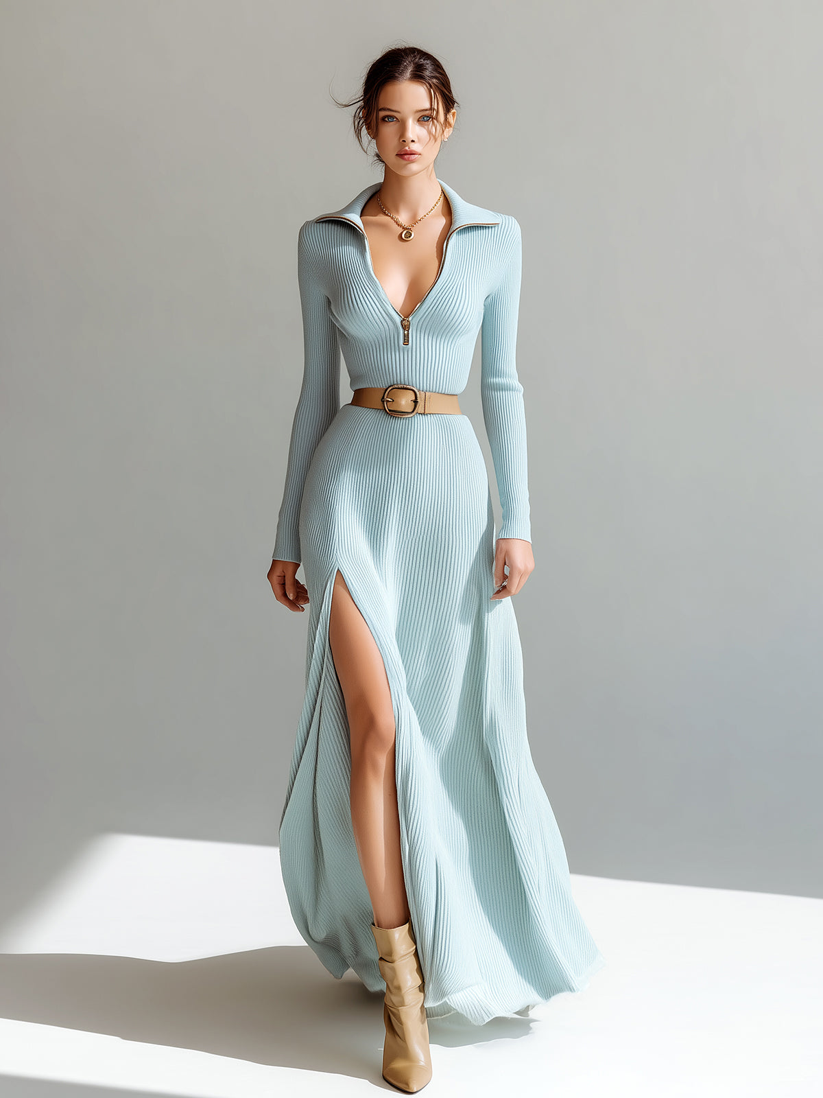ElevenOra Stylish Baby Blue Zip-up Lapel Collar Belted Tailored Waist Hem Slit Long Sleeve Knit Maxi Dress
