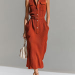 ElevenOra Chic Elegant Red Stand Collar Button-Front Chest Pockets Sleeveless Belted Waist Loose-Fit Ribbed Knit Maxi Dress