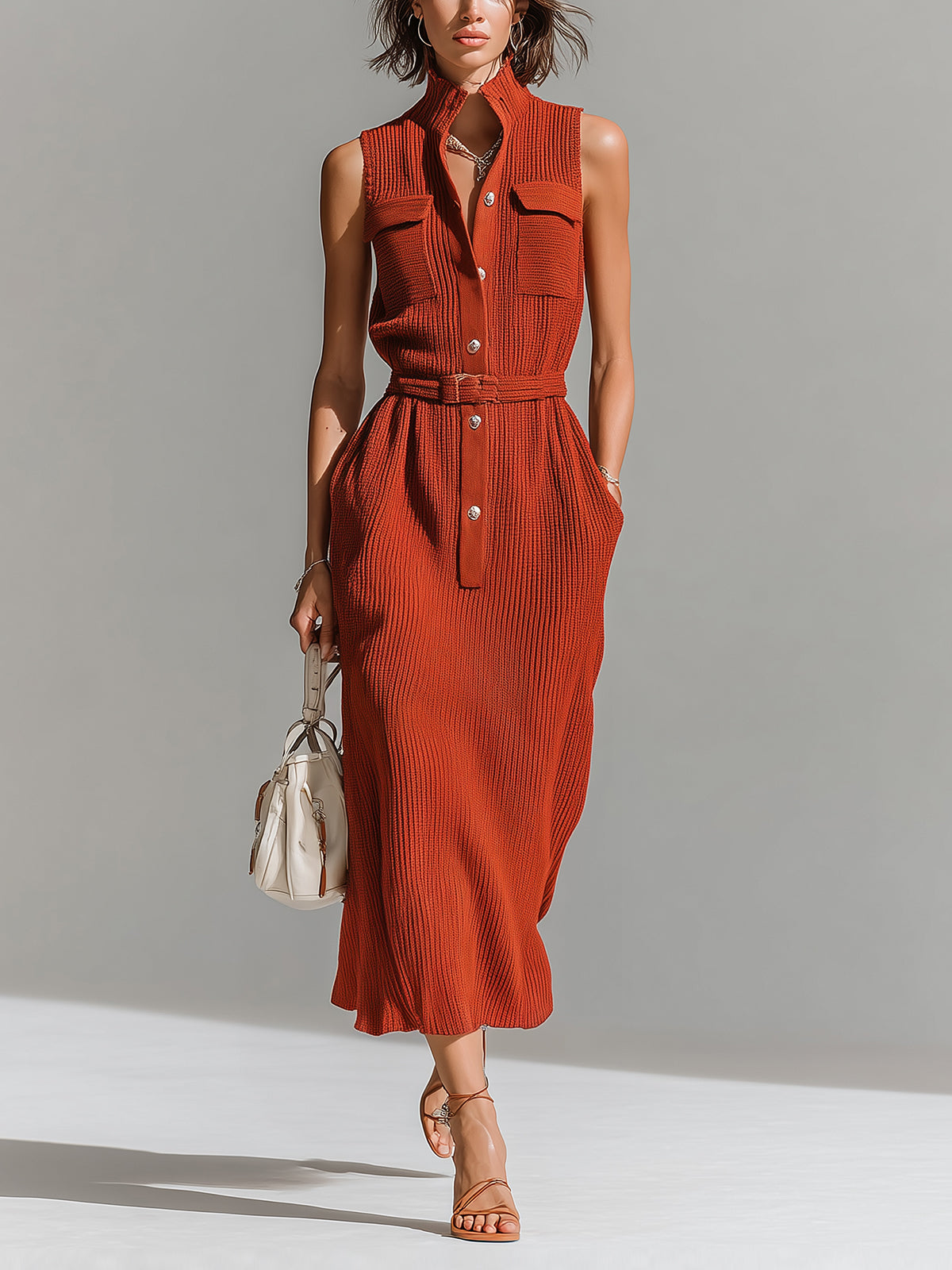 ElevenOra Chic Elegant Red Stand Collar Button-Front Chest Pockets Sleeveless Belted Waist Loose-Fit Ribbed Knit Maxi Dress