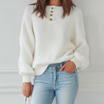 ElevenOra Chic Casual White Round Collar Botton Loose Long-sleeved Knit Pullover Sweater
