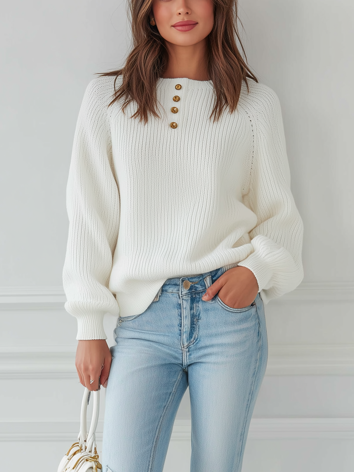 ElevenOra Chic Casual White Round Collar Botton Loose Long-sleeved Knit Pullover Sweater