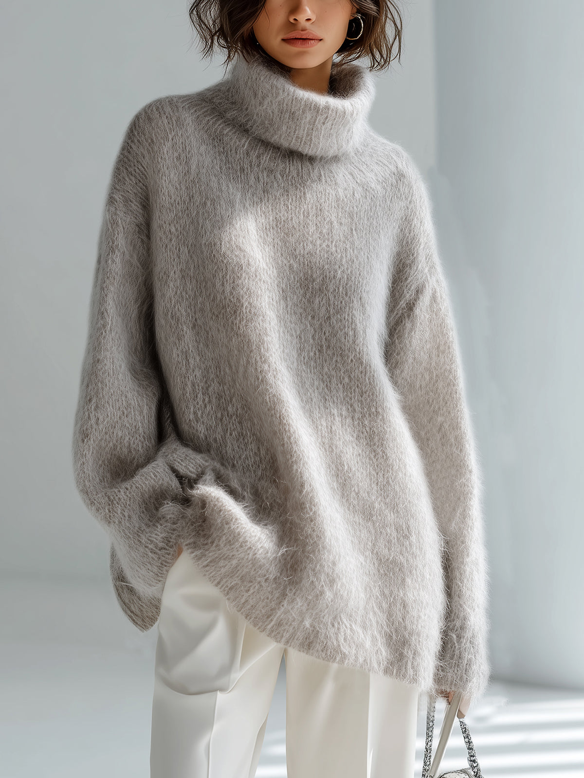 ElevenOra Chic Elegant Light Gray Turtleneck Long Sleeve Oversized Fuzzy Knit Sweater