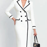 ElevenOra Vintage Contrast Piping Notch Lapel Double Breasted Tailored Mid-length Dress Coat