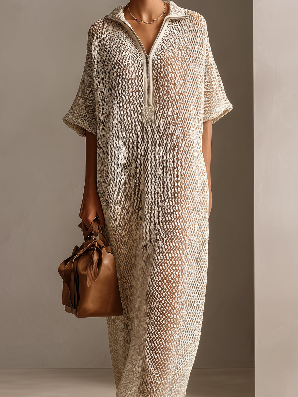 ElevenOra Chic Elegant Beige Zipper-Up Lapel Collar Short-Sleeve Oversize Hollow Out Knit Maxi Dress