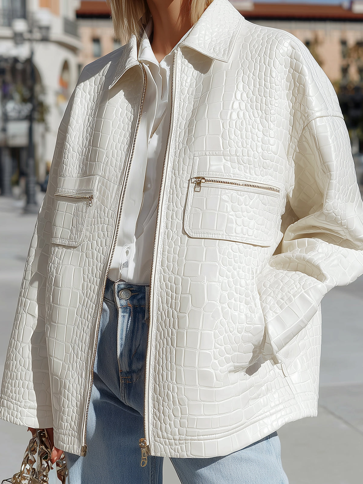 ElevenOra Casual Chic White Crocodile Faux Leather Lapel Zip-front Oversized Jacket