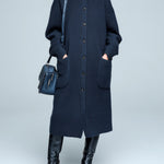 ElevenOra Chic Casual Round Neck Single-Breasted Long Sleeve Patch Pocket Oversized Knit Midi Dress