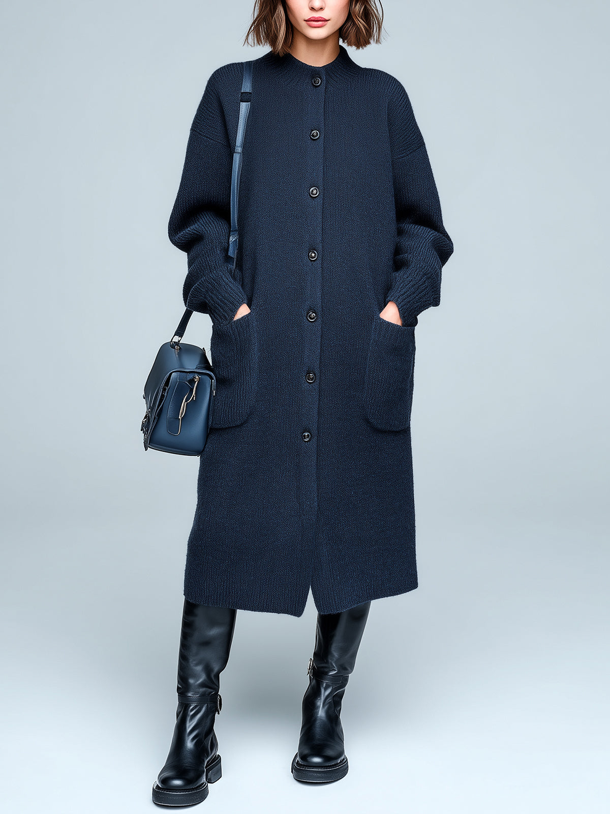 ElevenOra Chic Casual Round Neck Single-Breasted Long Sleeve Patch Pocket Oversized Knit Midi Dress