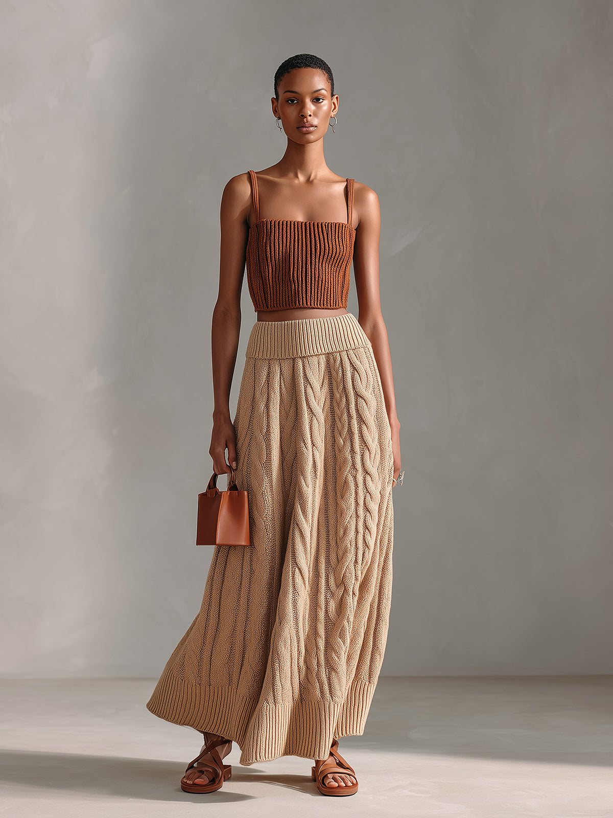ElevenOra Chic Elegant Caramel Square-Neck Slim-Fit Ribbed Tank Top Camel A-Line Cable Knit Maxi Skirt Two-Piece Set