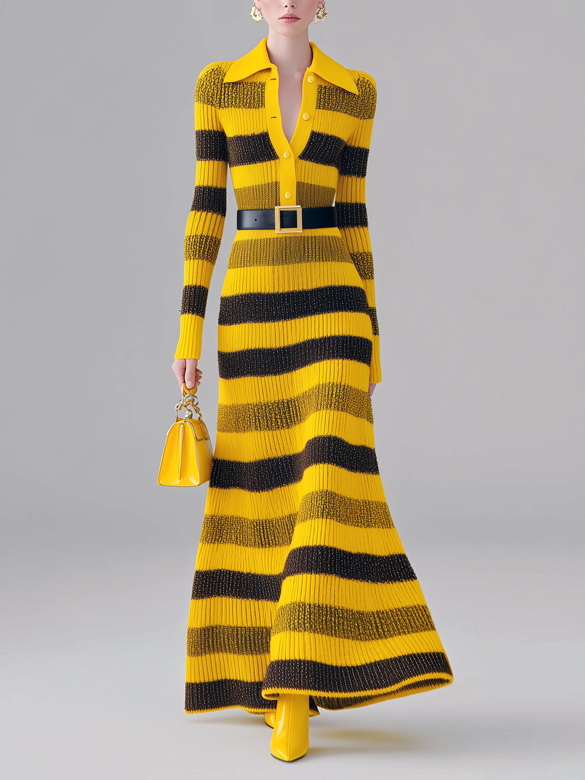 ElevenOra Vintage Elegant Contrast Stripes Button-Up Lapel Collar Tailored Waist Belted Long Sleeve Knitted Maxi Dress