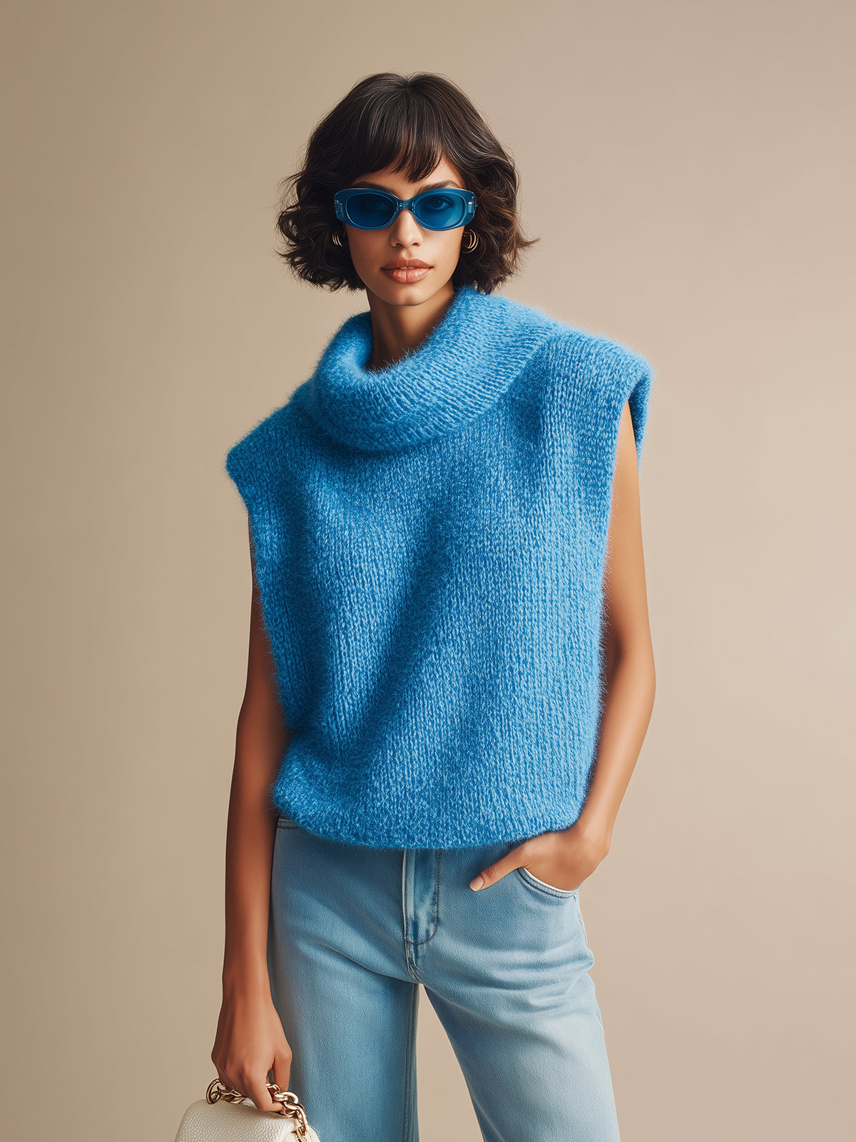 ElevenOra Chic Vintage Blue Draped Neck Sleeveless Oversize Knit Sweater Top