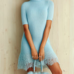 ElevenOra Chic Elegant Blue Turtleneck Short-Sleeve Slim-Fit Lace Hem Knit Mini Dress